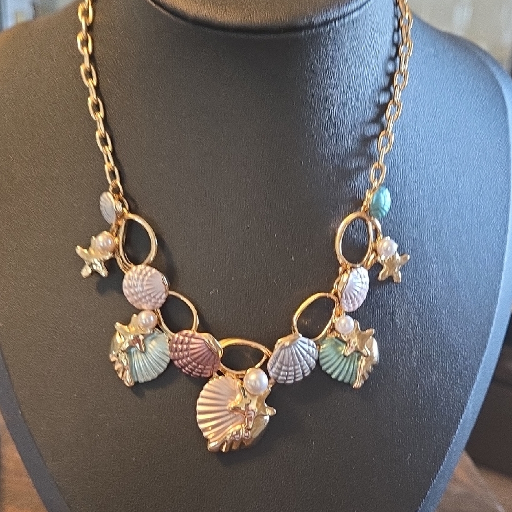 Charming Gold Seashell and Starfish Necklace With Pastel Colors